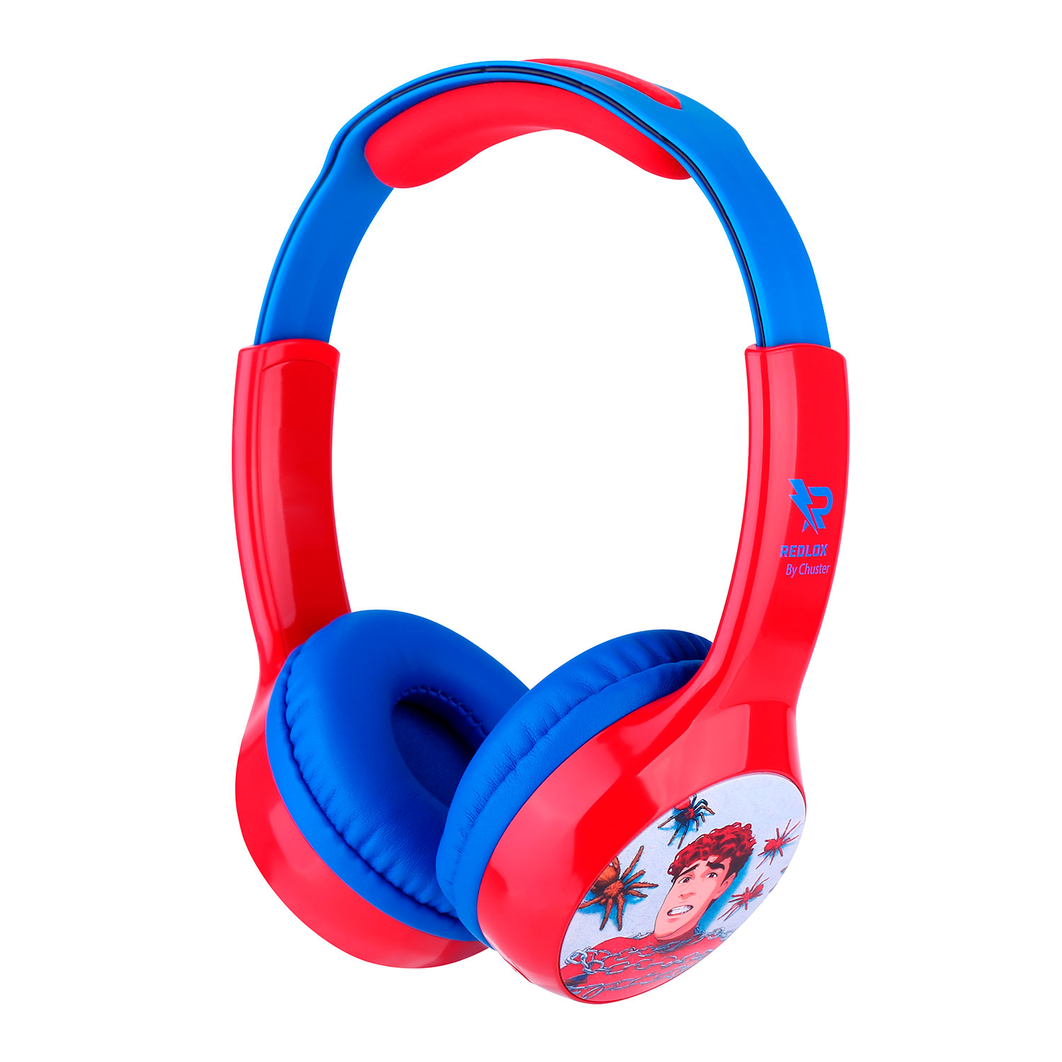 Auriculares rojos y azules con diseño de Spider-Man, con un niño rodeado de arañas, sobre fondo blanco.