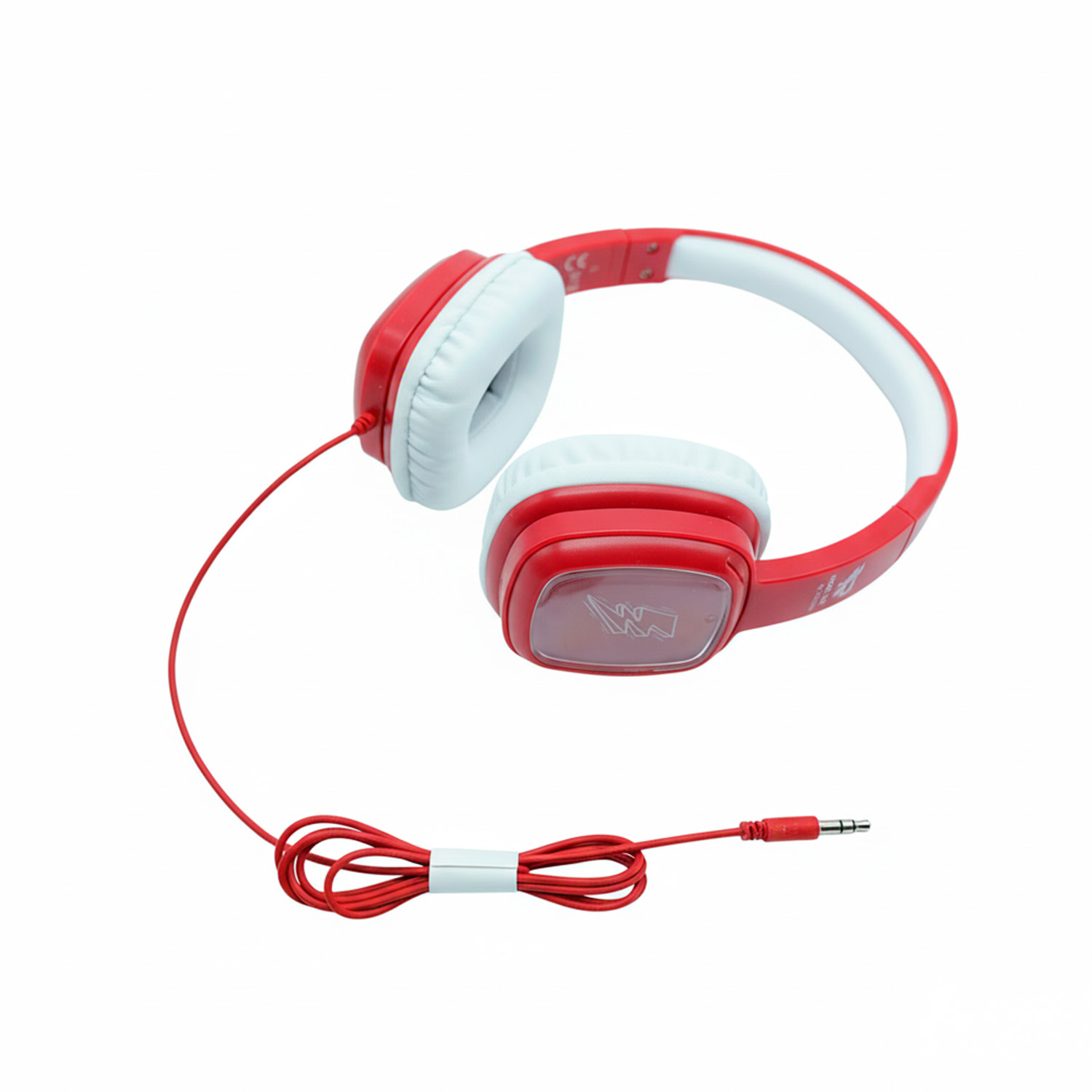 Cuffie rosse e bianche con filo rosso, il filo è raggruppato con un legaccio bianco. Lo sfondo è bianco.