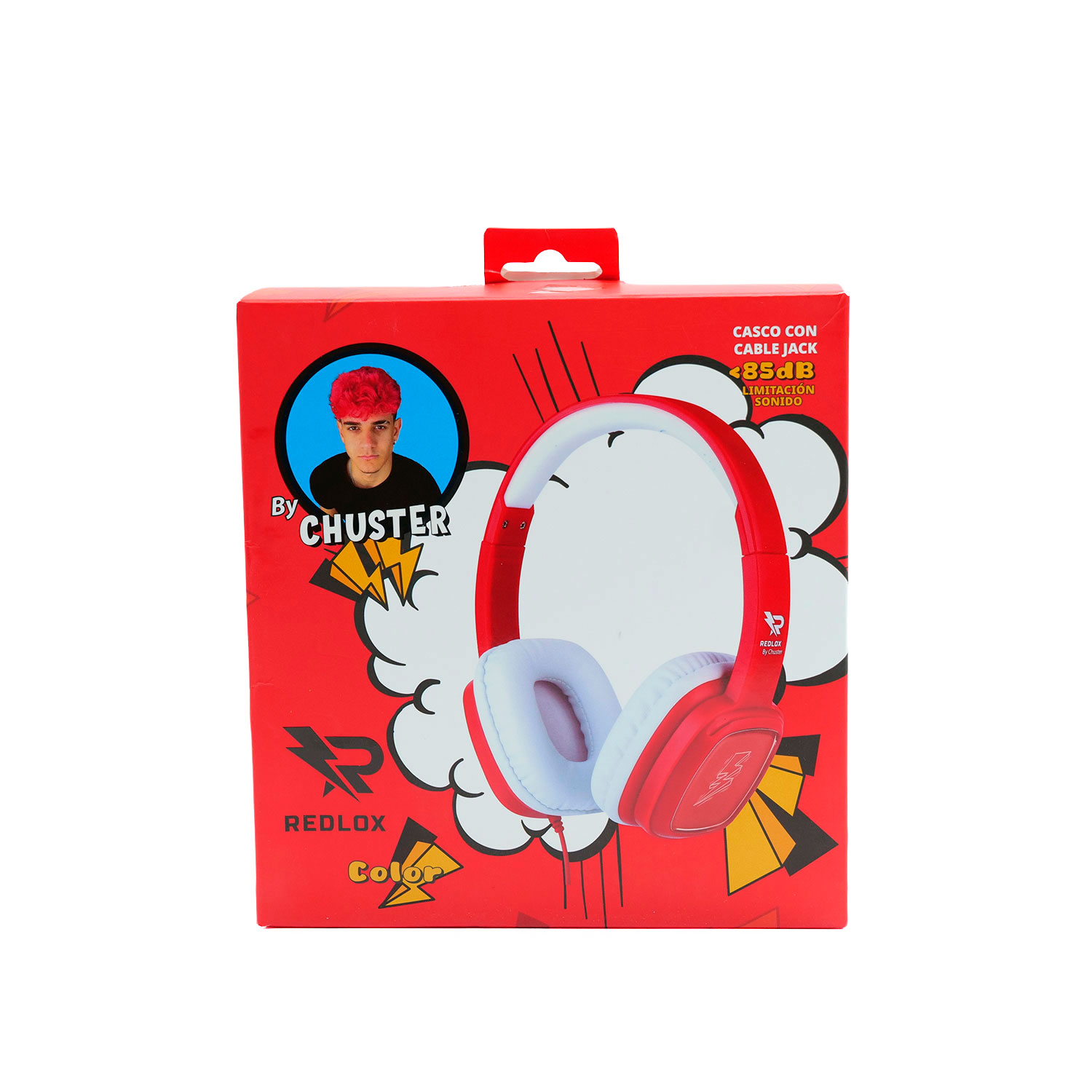 Cuffie rosse su una scatola rossa. La scatola presenta un ritratto di un uomo con i capelli rossi. Il testo include 'REDLOX' e 'CHUSTER'.