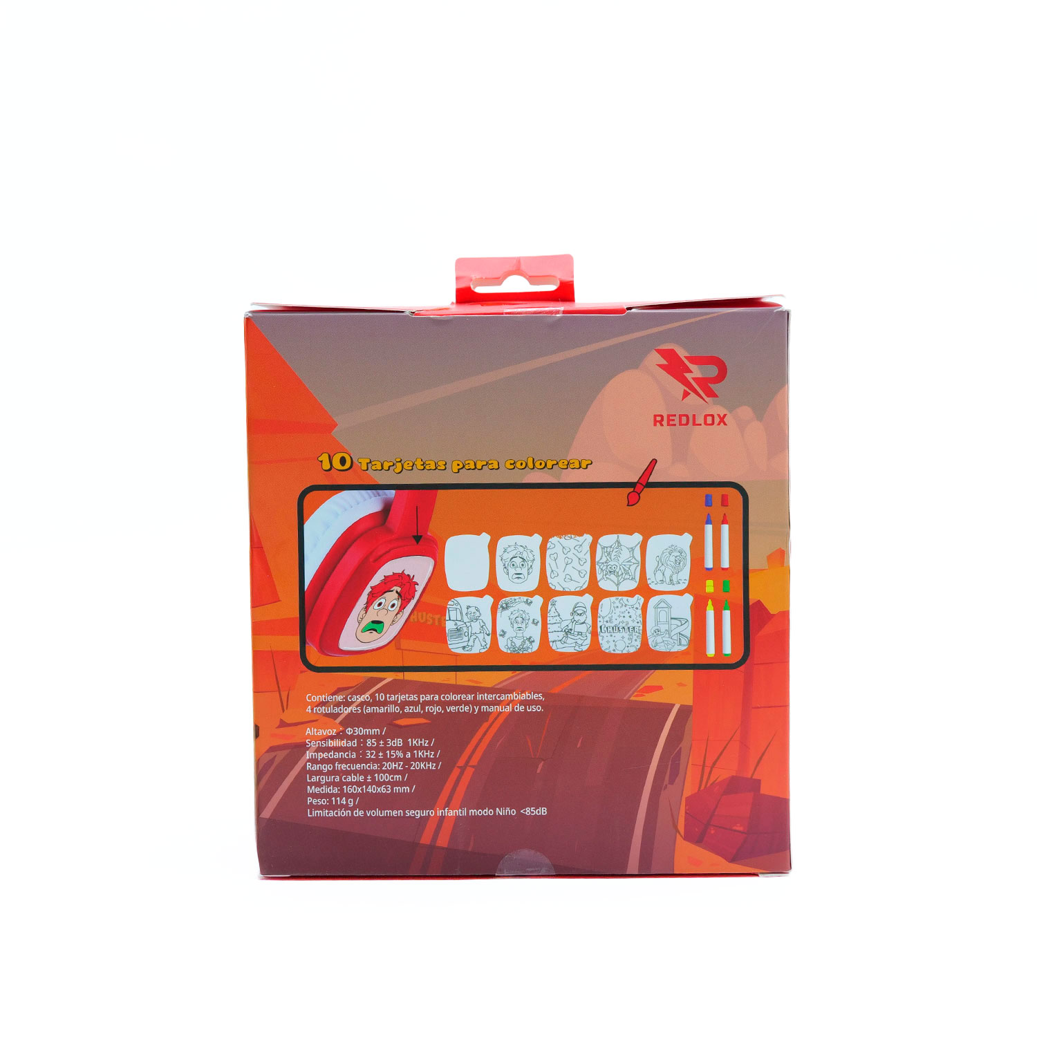 Un set scatola Redlox, include dieci carte da colorare, quattro pennarelli e un manuale. La scatola ha un'immagine di cuffia e un logo.