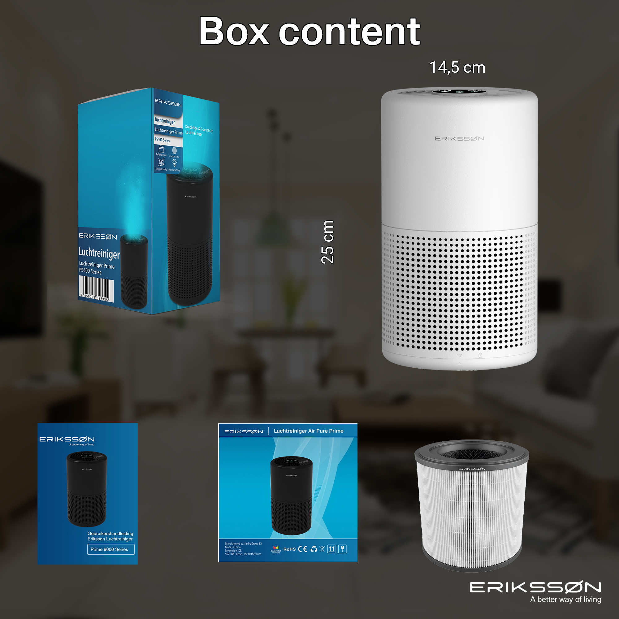 Das Bild zeigt einen Luftreiniger mit Box und Komponenten. Es umfasst das Hauptgerät, einen Filter und die Produktbox.
