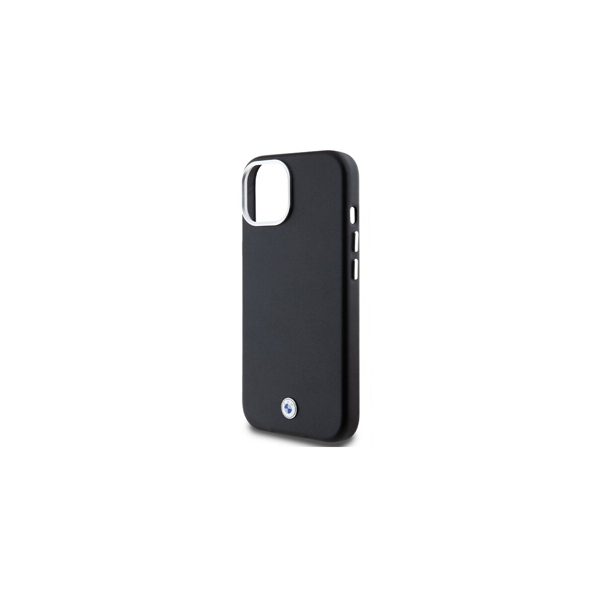 Una custodia nera per telefono con un ritaglio argentato per la fotocamera, tre pulsanti laterali e un piccolo logo in basso. Lo sfondo è bianco.