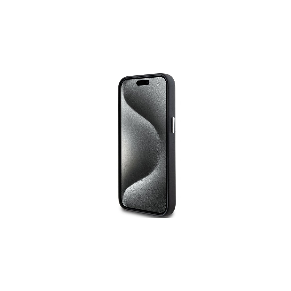 Uno smartphone nero in una custodia, leggermente angolato. Lo schermo è grigio chiaro con un motivo a onde. Lo sfondo è bianco.