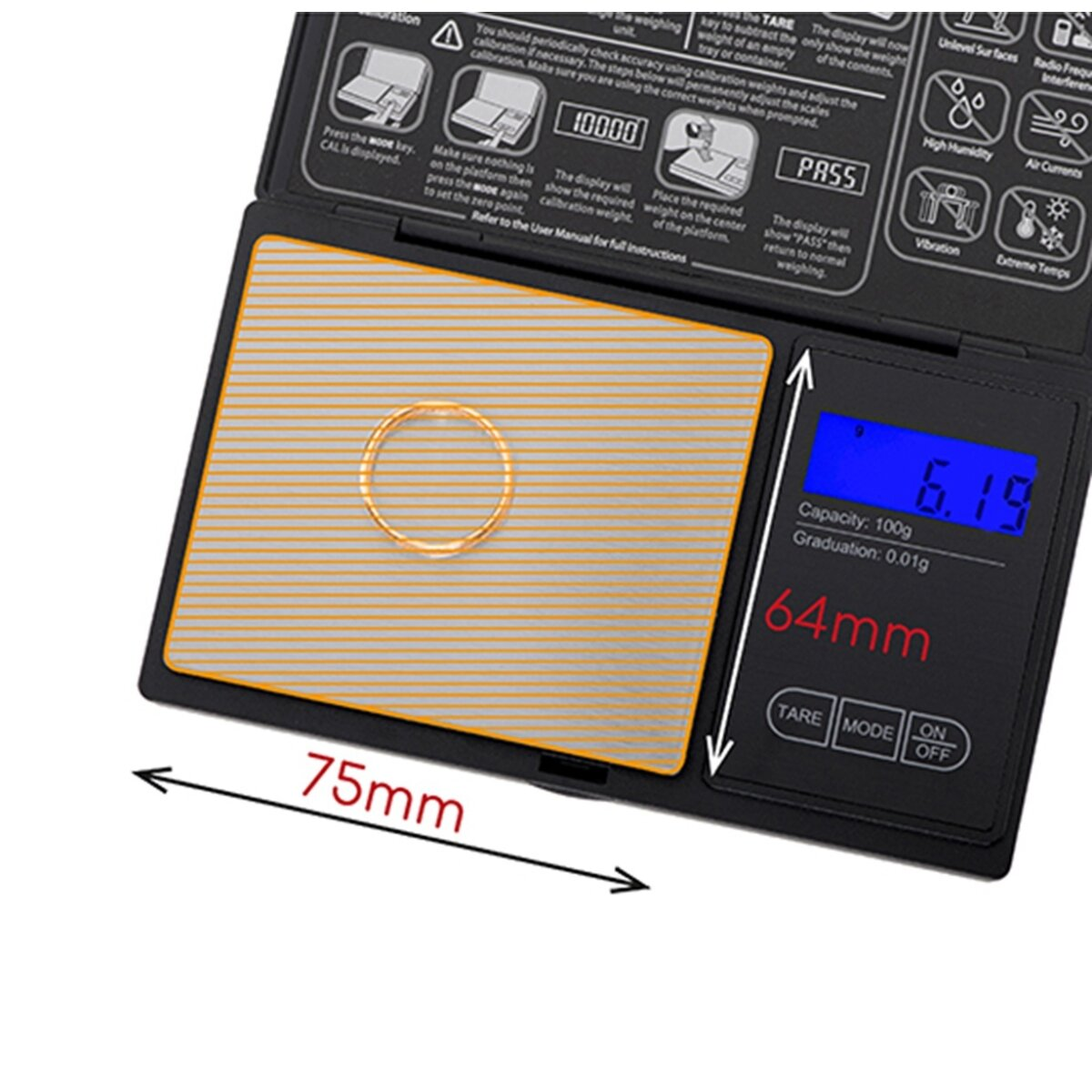 Eine Digitalwaage mit goldenem Ring auf der Plattform, die 6,19 g anzeigt. Die Abmessungen sind mit 75 mm und 64 mm angegeben.