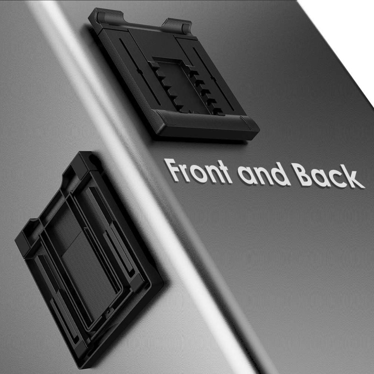 Zwei schwarze, rechteckige Telefonständer. Text 'Front and Back' ist sichtbar. Ständer befinden sich auf einer grauen Oberfläche.