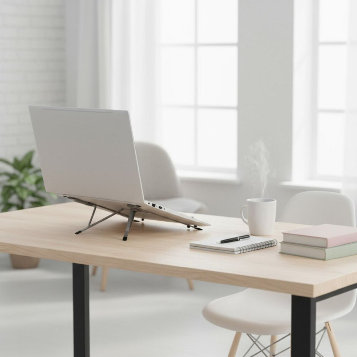 Laptop su supporto, caffè, taccuino e libri su tavolo di legno. Sfondo: finestra, sedie e pianta.
