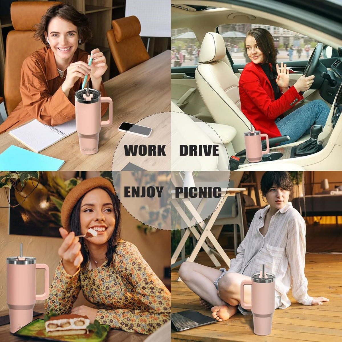 Vier Lifestyle-Szenen mit einem rosa Becher: Arbeiten, Fahren, Picknick und Entspannen. In jeder Szene sind Personen anwesend.
