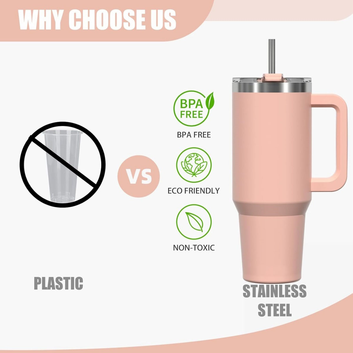 Das Bild vergleicht einen Plastikbecher (durchgestrichen) mit einem rosafarbenen Edelstahlbecher. Text hebt BPA-freie, umweltfreundliche und ungiftige Eigenschaften hervor.