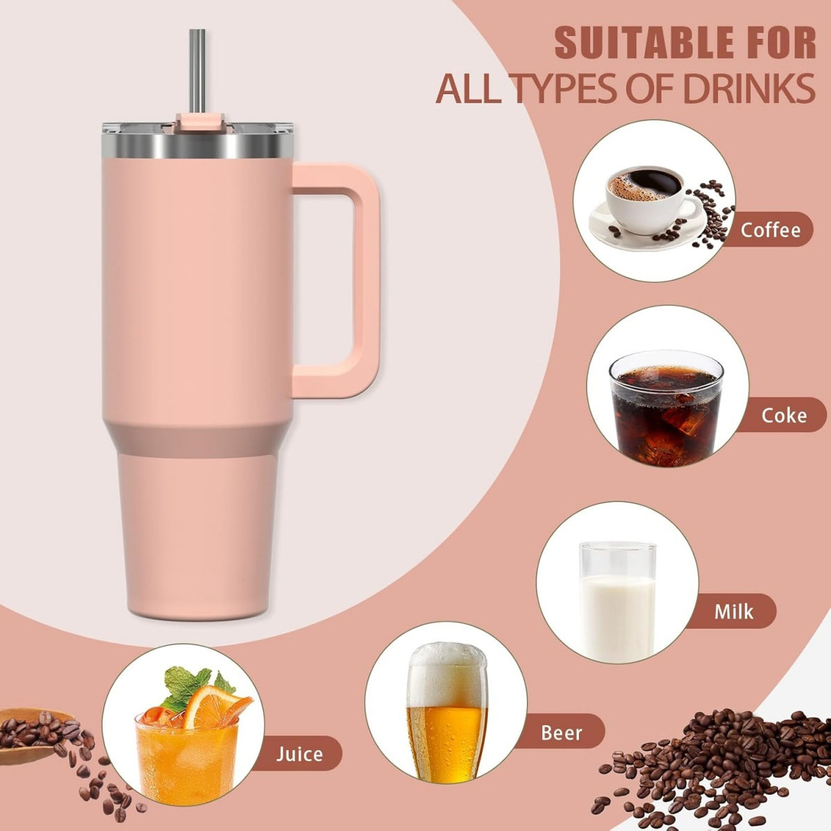 Ein rosa isolierter Becher mit Griff. Verschiedene Getränke wie Kaffee, Cola, Milch, Saft und Bier sind abgebildet.