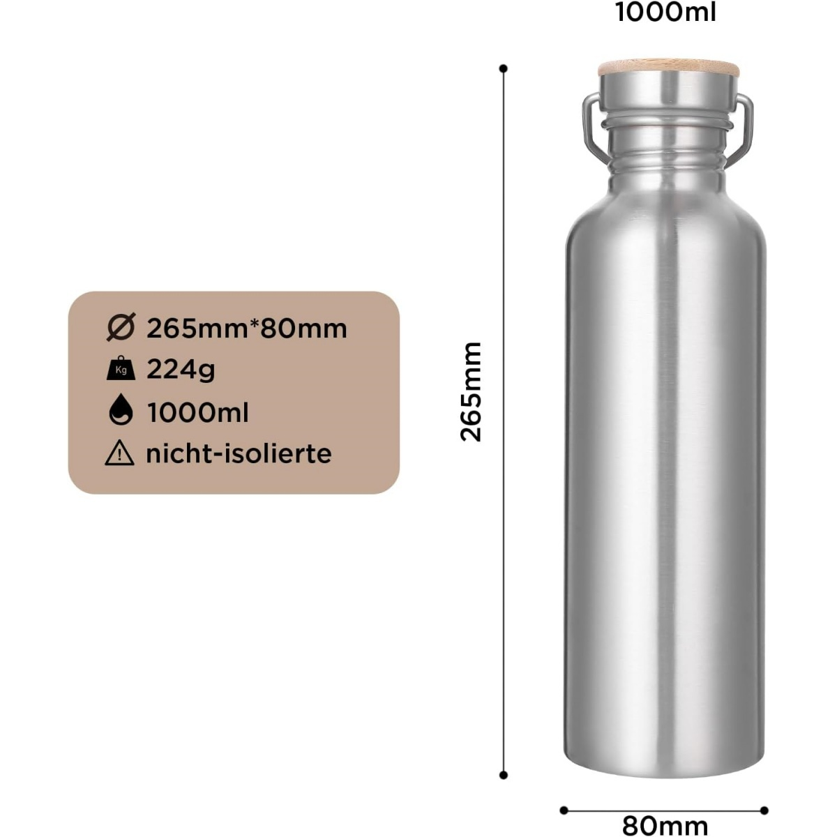 Eine Metallwasserflasche mit Holzdeckel. Abmessungen: 265mm Höhe, 80mm Breite. Außerdem eine beige Infobox mit Details.