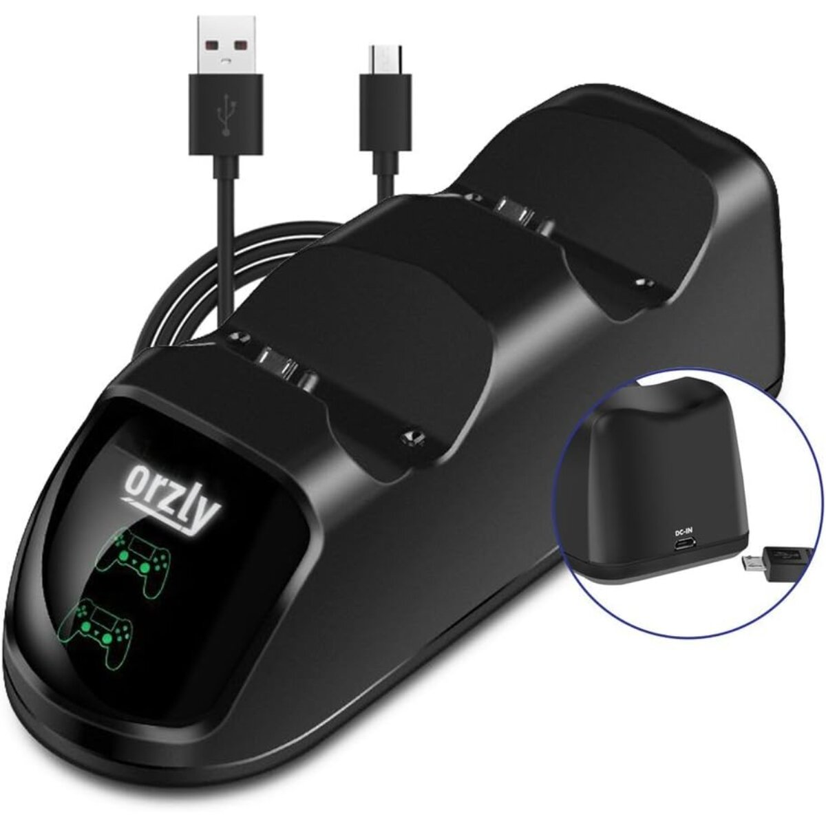 Schwarze Orzly Dual-Controller-Ladestation. Sie hat 3 Steckplätze, USB- und USB-C-Kabel und eine kleine Aussparung.