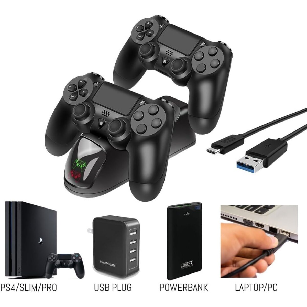 Das Bild zeigt PS4-Controller mit Ladegerät, PS4-Konsole, USB-Stecker, Powerbank und Laptop. Kabel sind ebenfalls abgebildet.