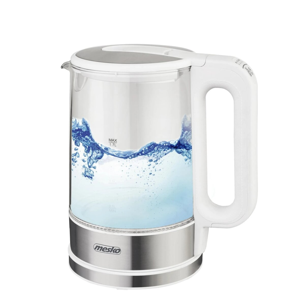 Ein klarer elektrischer Glaskessel mit Wasser im Inneren. Er hat einen weißen Griff und Deckel. Das Wasser ist blau mit Blasen.