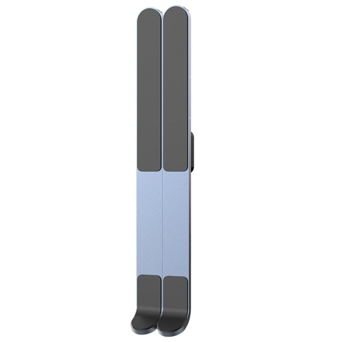 Ein blau-grauer Laptop-Ständer. Er hat zwei vertikale Abschnitte mit grauen Pads. Der Ständer hat abgerundete Kanten und einen schwarzen Sockel.
