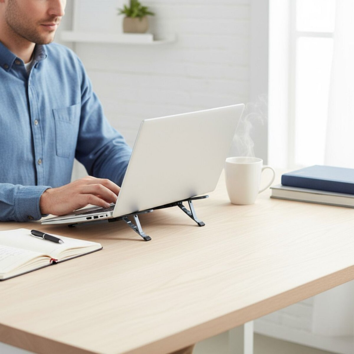 Ein Mann benutzt einen Laptop auf einem Ständer an einem Schreibtisch. Eine Tasse Kaffee und Bücher stehen auf dem Tisch. Ein Notizbuch und ein Stift sind im Vordergrund.