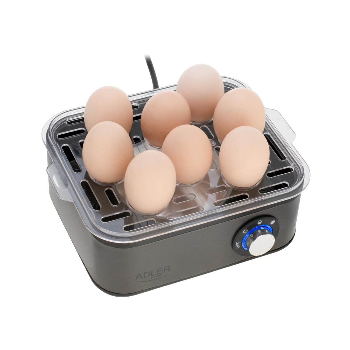 Ein Eierkocher mit 7 Eiern. Das Gerät ist schwarz und grau, mit einem durchsichtigen Deckel. Ein Drehregler befindet sich vorne. Die Eier sind hellbraun.