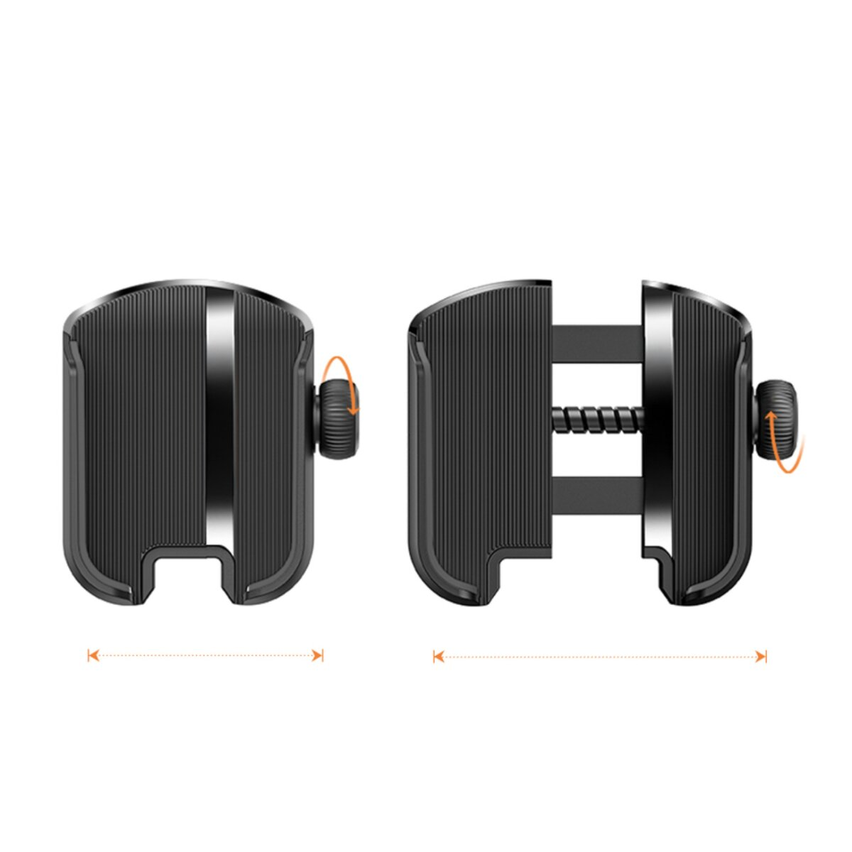 Zwei schwarze Autotelefonhalter. Jeder hat einen Knopf und einen Schlitz für ein Telefon. Pfeile zeigen den verstellbaren Teil.