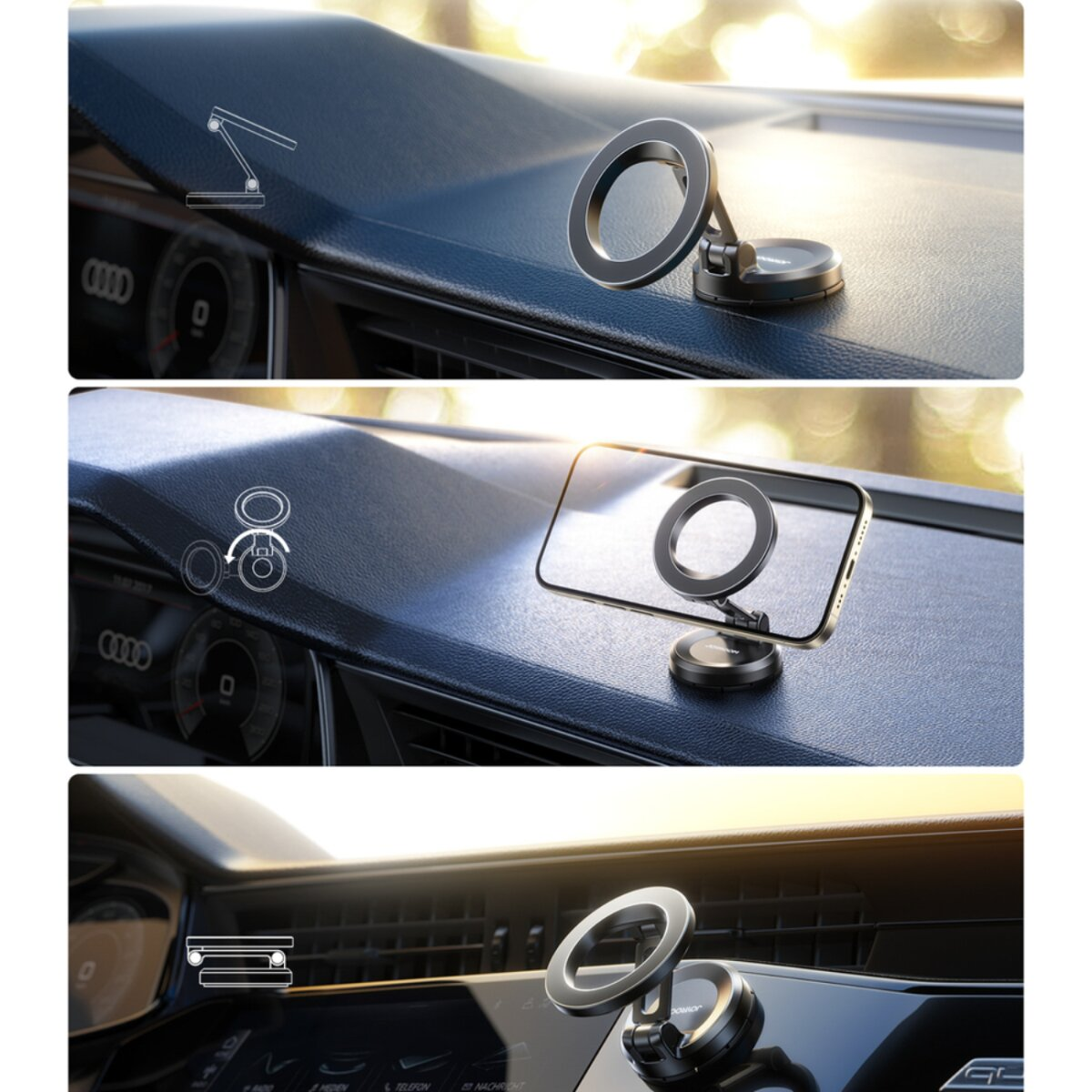 Kfz-Telefonhalter. Er hat eine Ringform und ist am Armaturenbrett befestigt. Das Telefon wird in die Halterung gelegt.