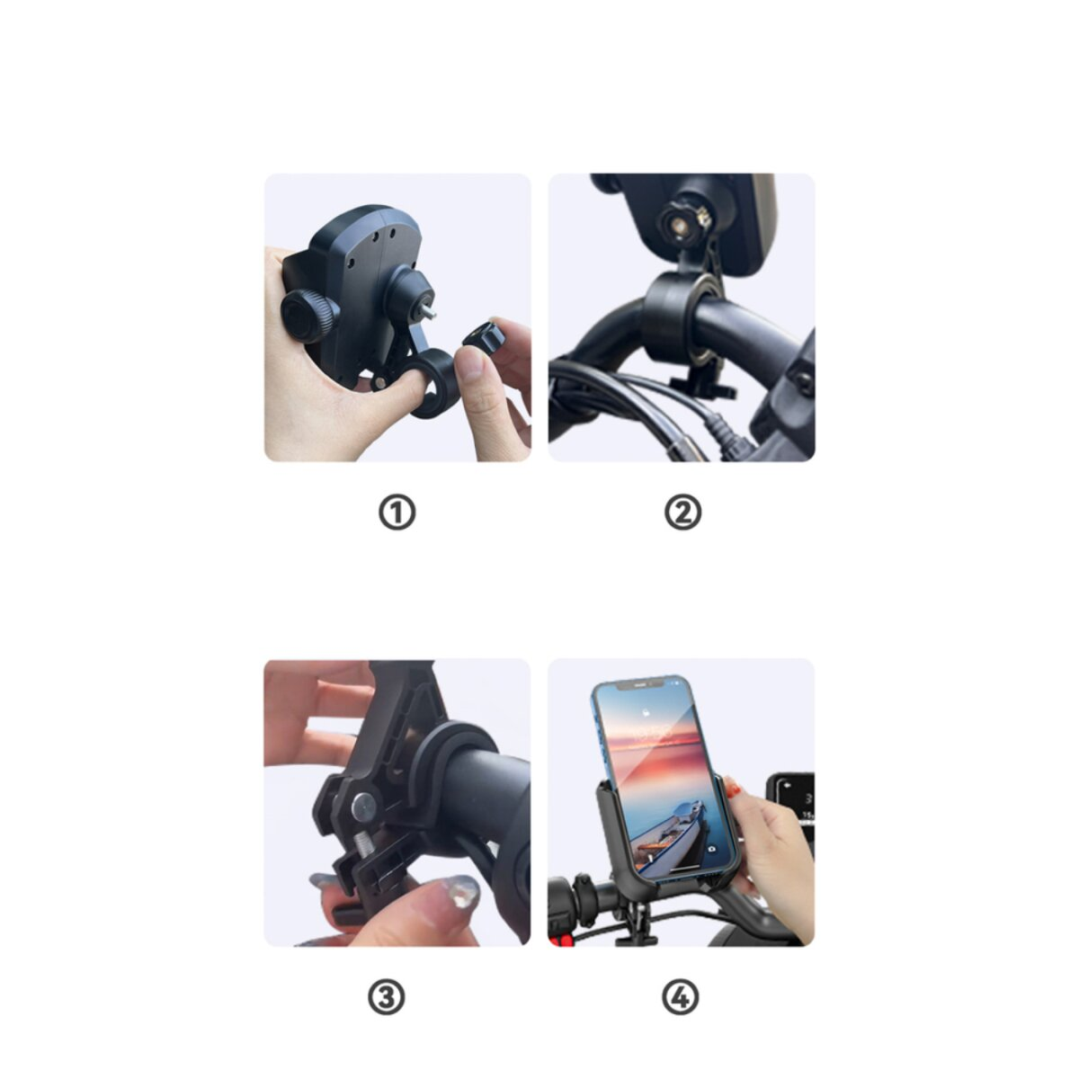 Vier Bilder zeigen die Montage einer Telefonhalterung am Fahrrad. Hände montieren die Teile und montieren das Telefon am Lenker.