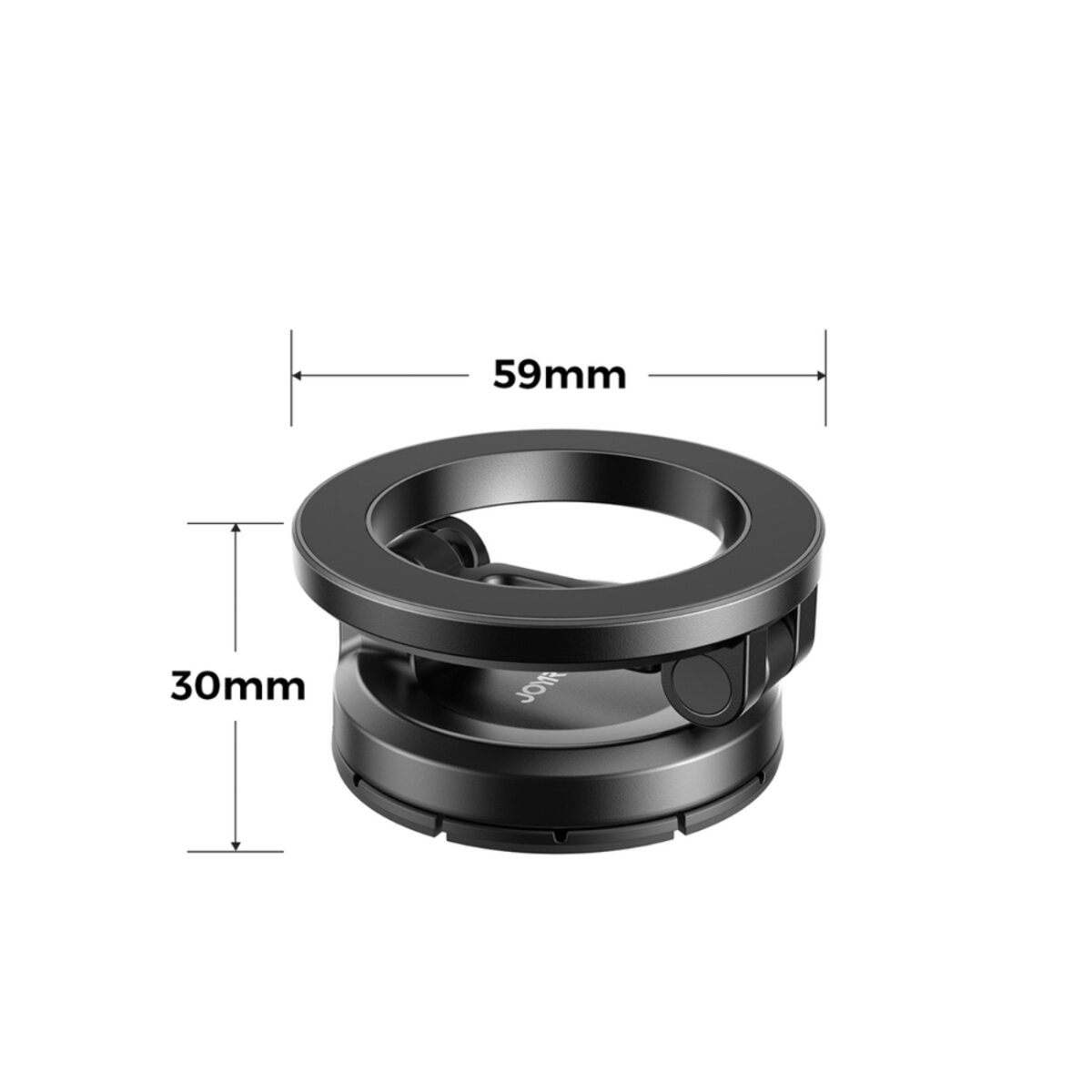 Gezeigt wird ein schwarzes kreisförmiges Gerät. Es hat einen rotierenden Ring und eine Basis. Die Abmessungen sind beschriftet: 59 mm breit und 30 mm hoch.