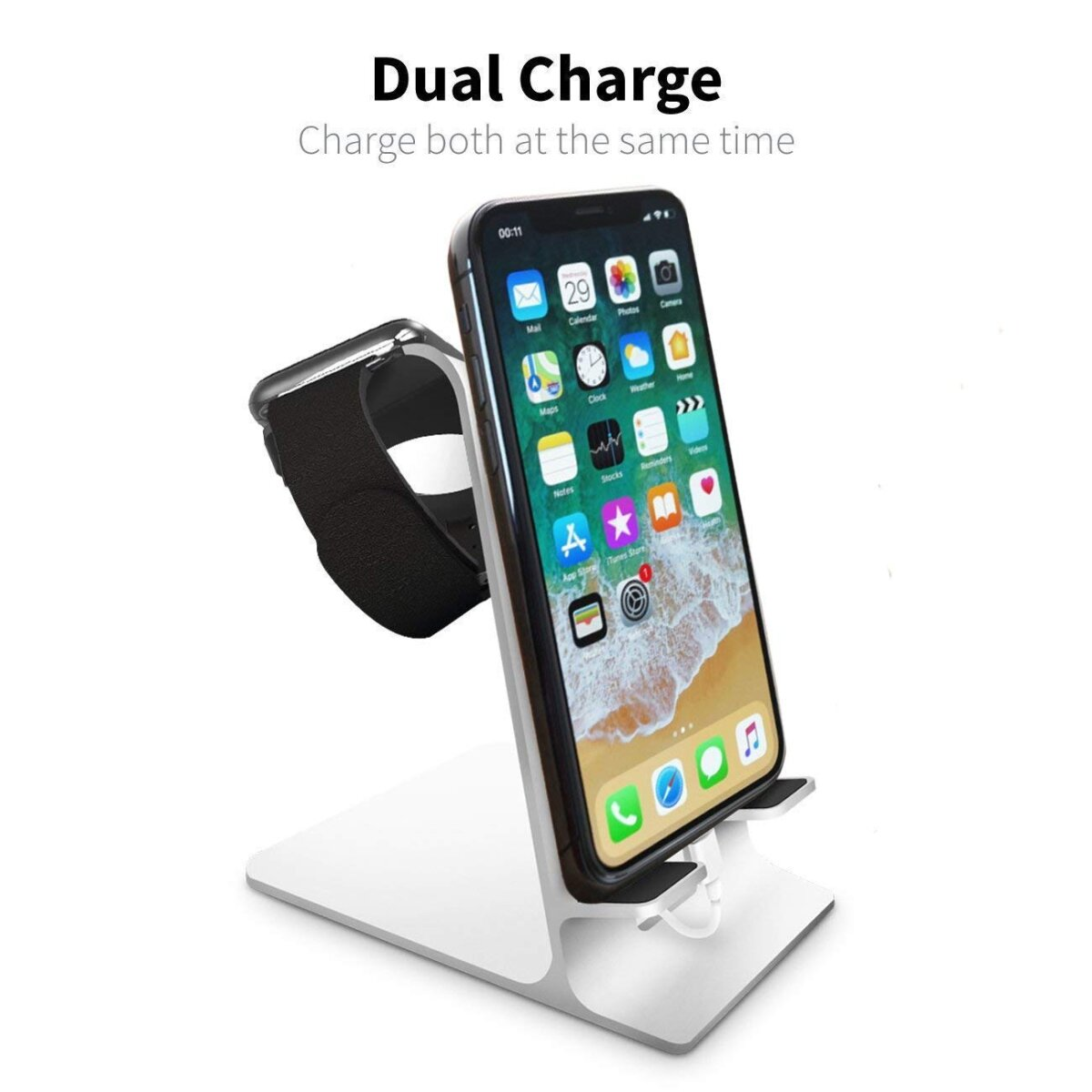 Ein weißer Ladeständer mit Telefon und Smartwatch. Das Telefon zeigt App-Symbole an. Der Text oben lautet Dual Charge.