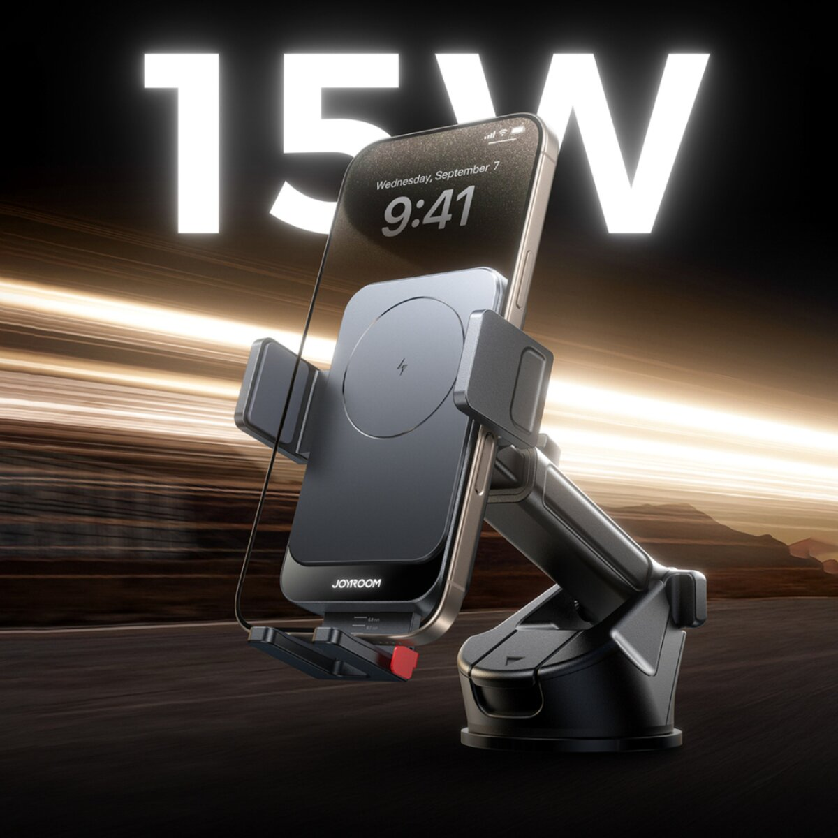 Ein Telefon in einer Autohalterung mit 15W Text darüber. Das Telefon zeigt die Uhrzeit, Mittwoch, 7. September, 9:41 Uhr.