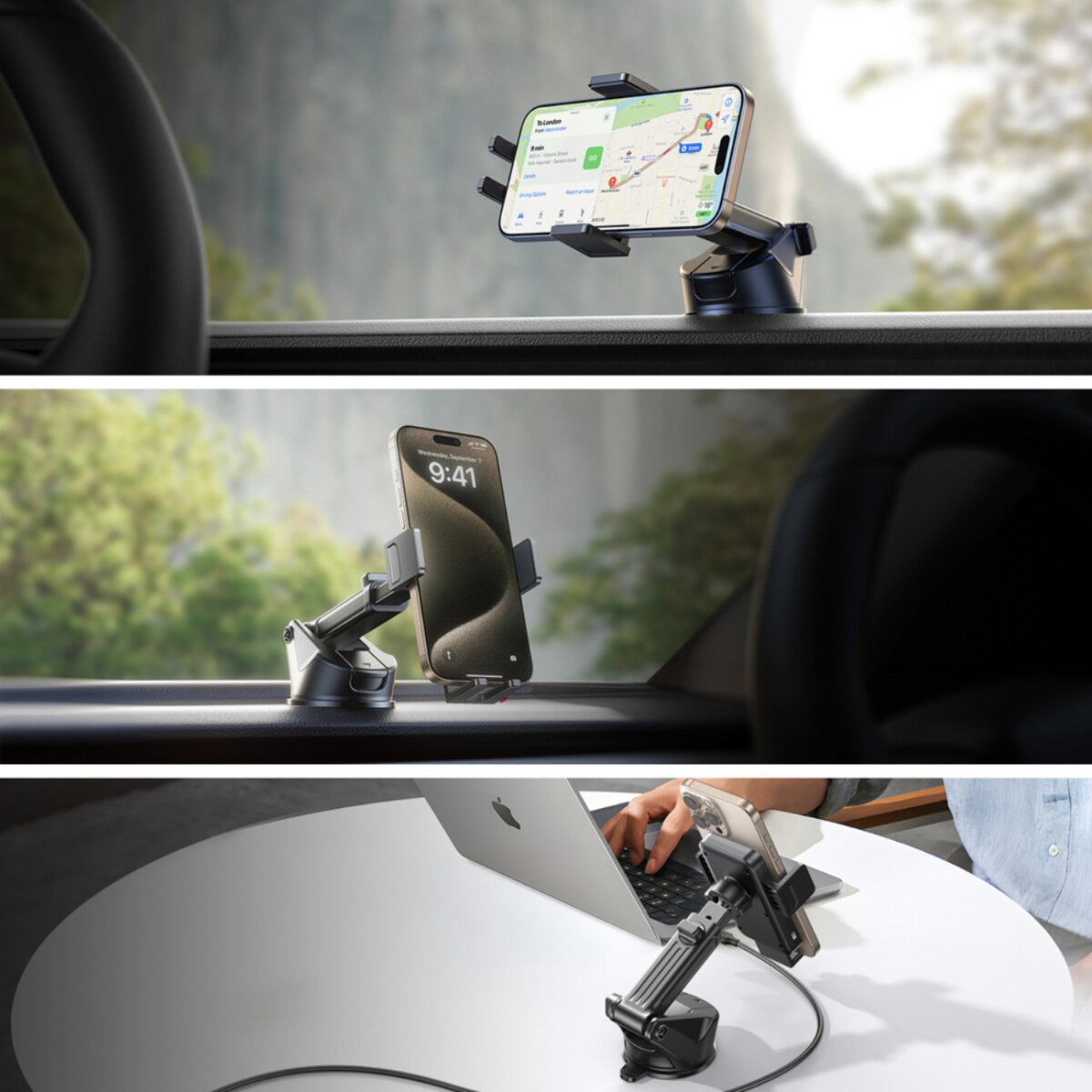 Drei Bilder mit Telefonhaltern. Eines im Auto mit einem Telefon, das eine Karte zeigt, ein anderes mit einem Telefon um 9:41 Uhr und eines auf einem Tisch.