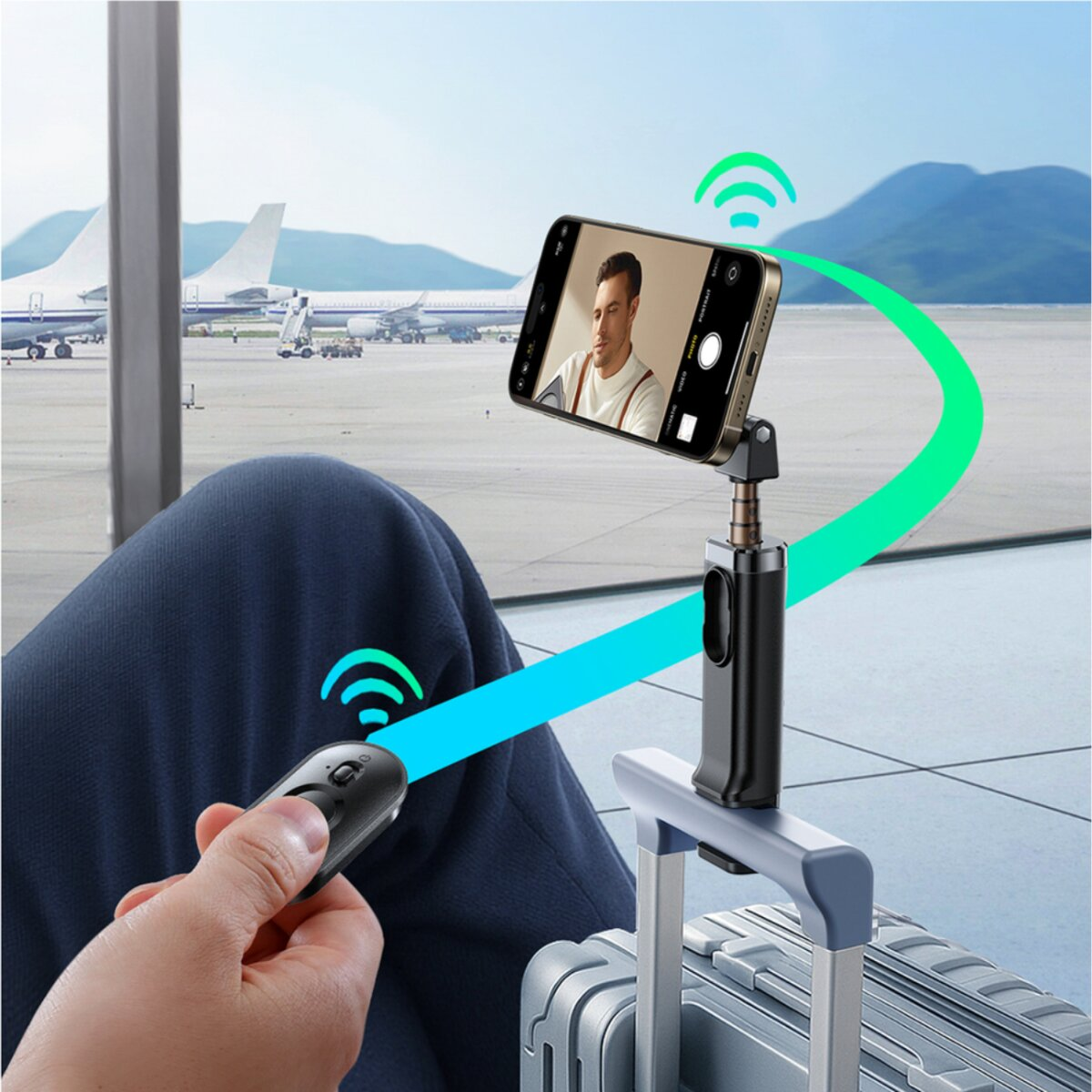 Mann benutzt Telefon auf Stativ, um sich am Flughafen aufzunehmen. Eine Fernbedienung ist in seiner Hand.