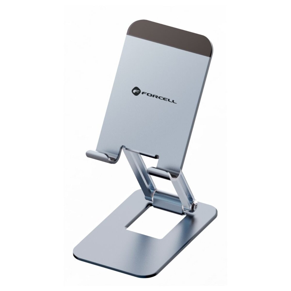 Un supporto per telefono argentato con la parte superiore nera è angolato. Il supporto ha una base, un braccio di supporto e un supporto per telefono.