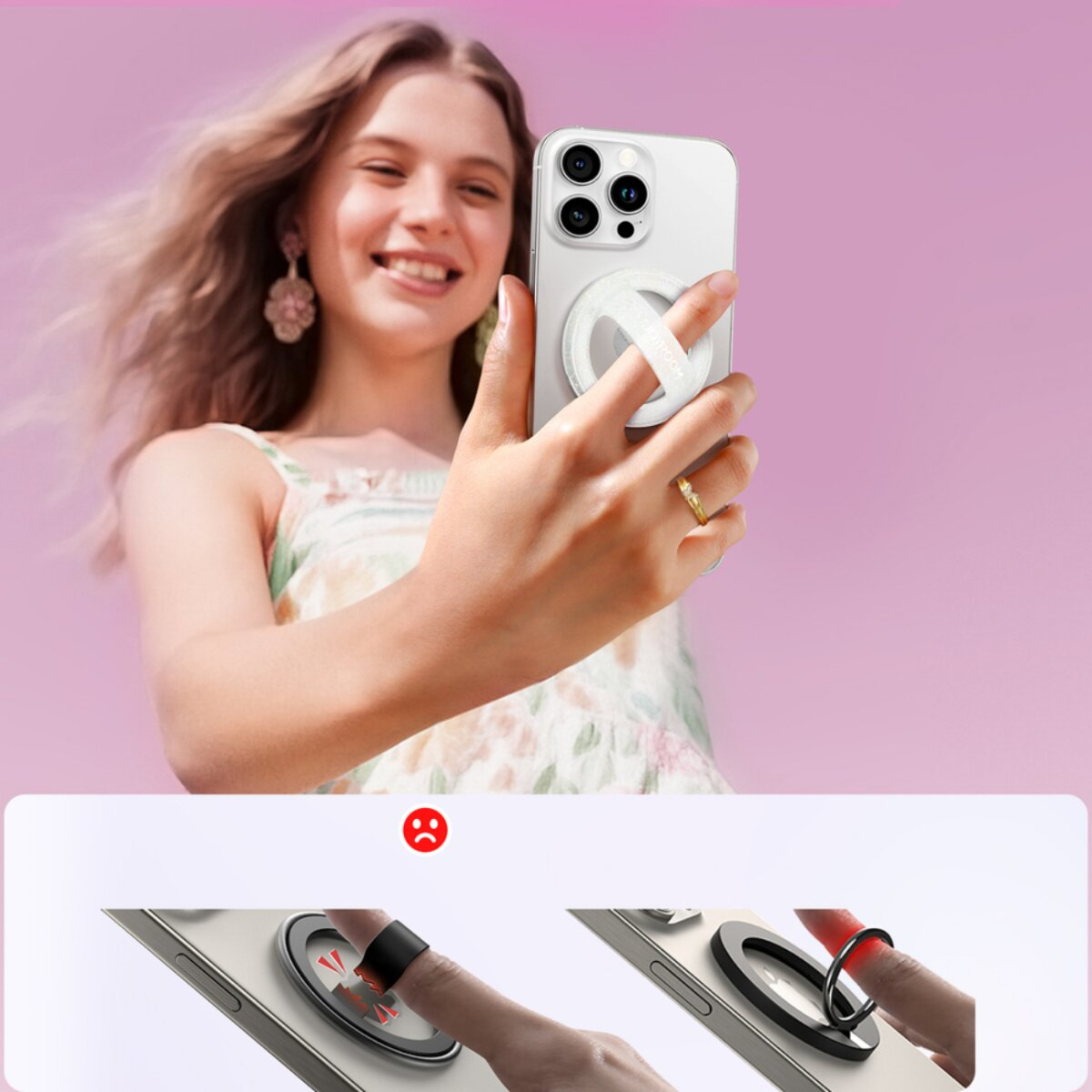 Eine Frau hält ein Telefon mit einem Ringgriff und lächelt. Der Hintergrund ist rosa. Das Telefon hat einen weißen Ringgriff. Ein Vergleich von Ringgriffen wird gezeigt.