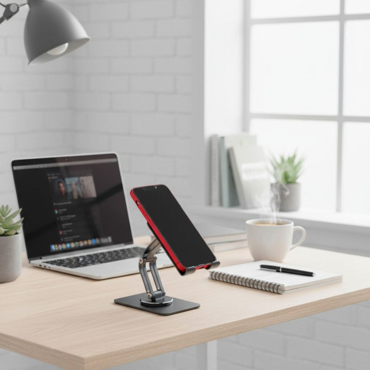 Un telefono su un supporto, un laptop, una tazza di caffè e un quaderno sono su una scrivania. Una finestra e una lampada sono sullo sfondo.