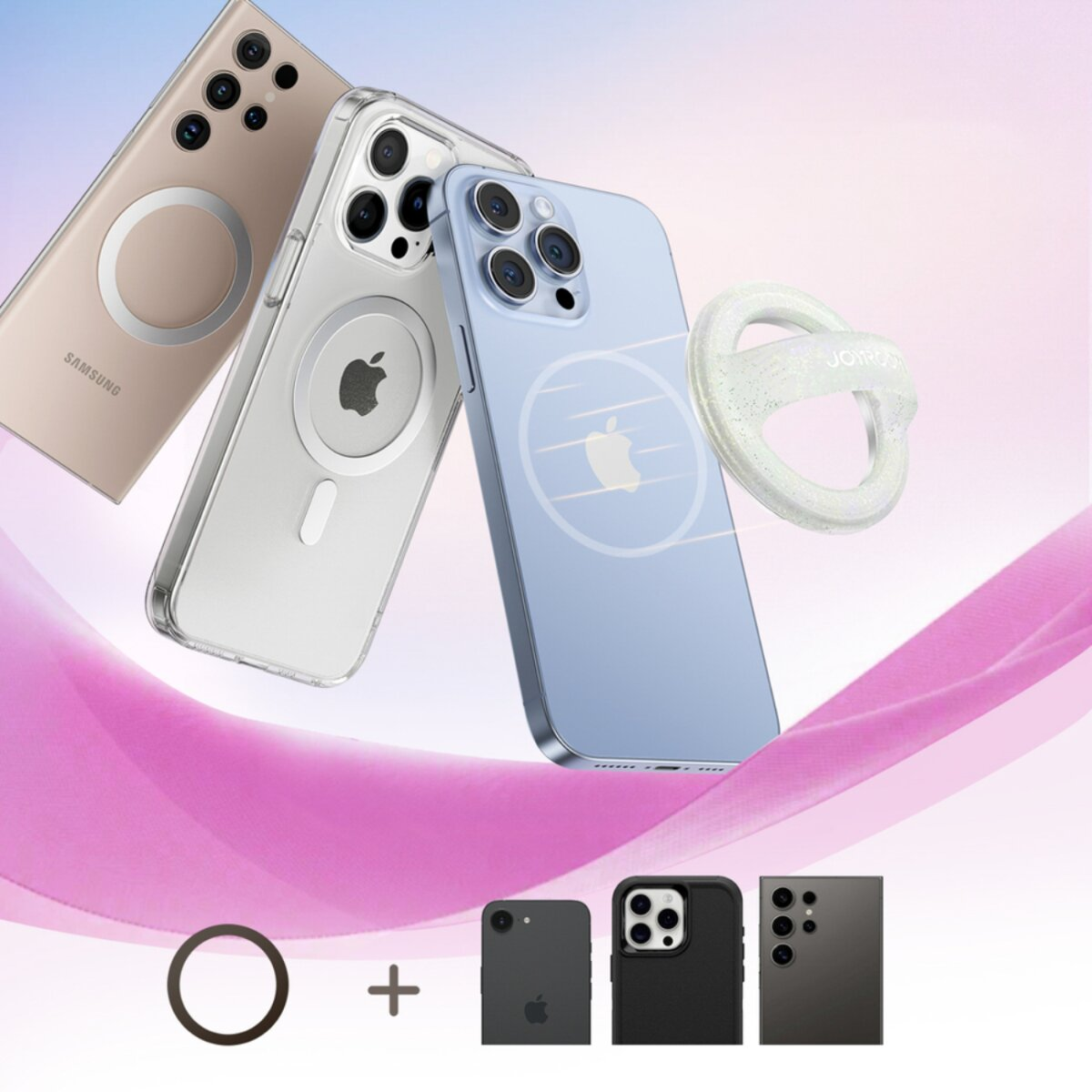 Telefone, Hüllen und Ringhalter vor einem Farbverlauf. Telefone umfassen Samsung und iPhones mit Apple-Logo und Hüllen.