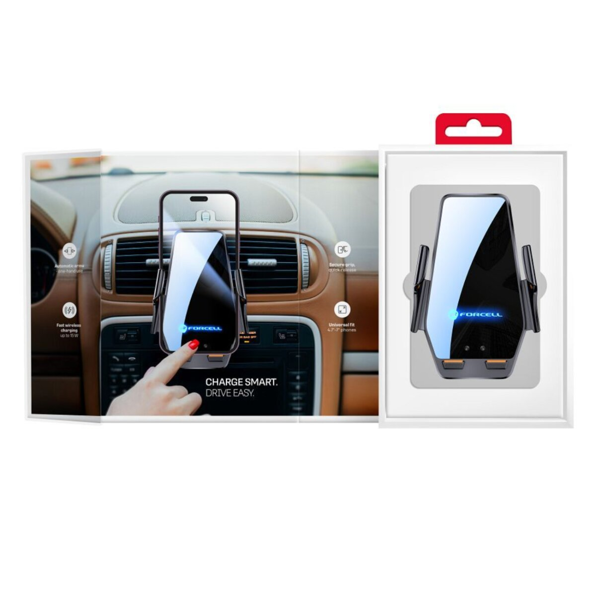 Un supporto per telefono in auto. È un caricatore wireless. Una mano tocca il telefono. Lo sfondo è il cruscotto dell'auto.