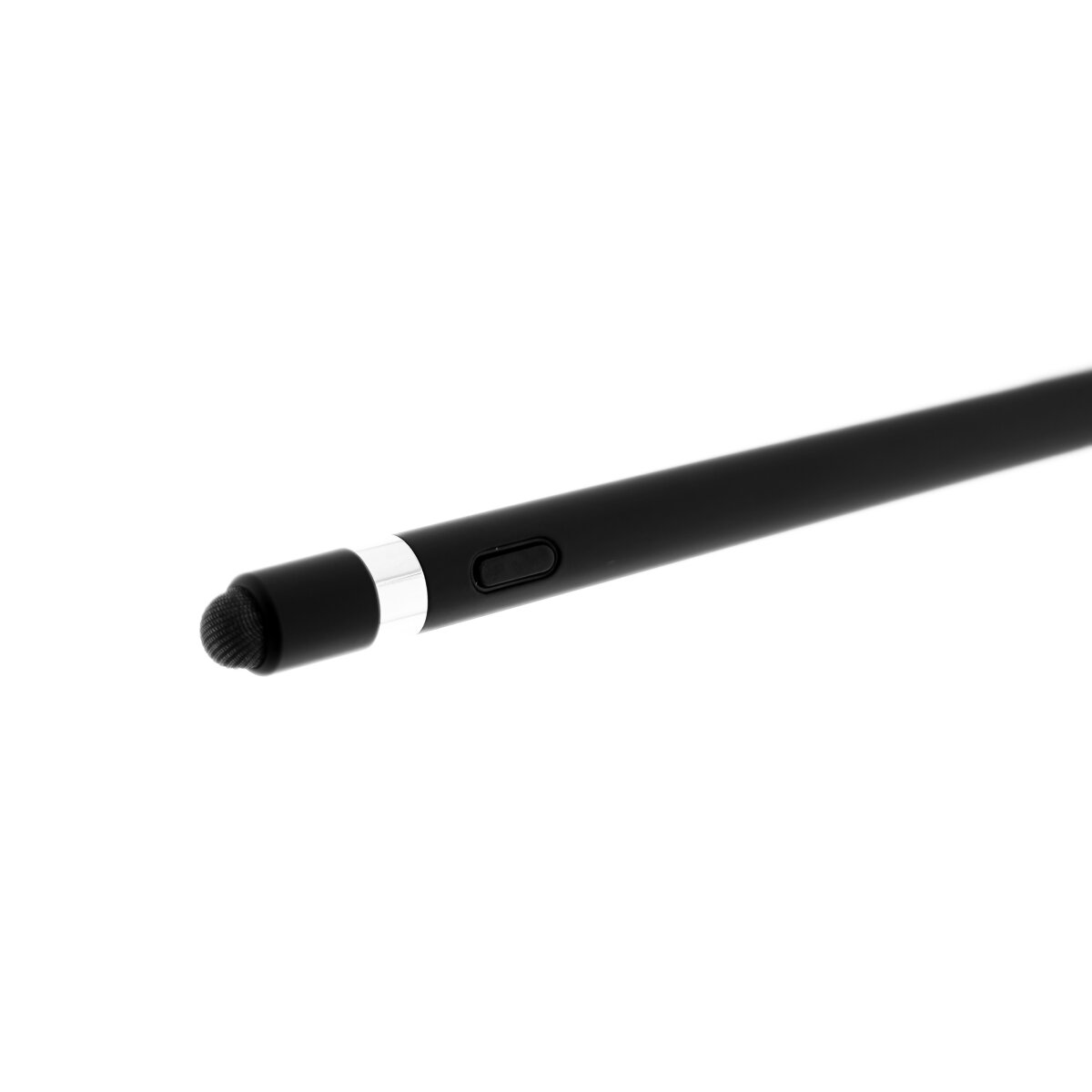 Ein schwarzer Stift mit strukturierter Spitze und silbernem Band, vor weißem Hintergrund.