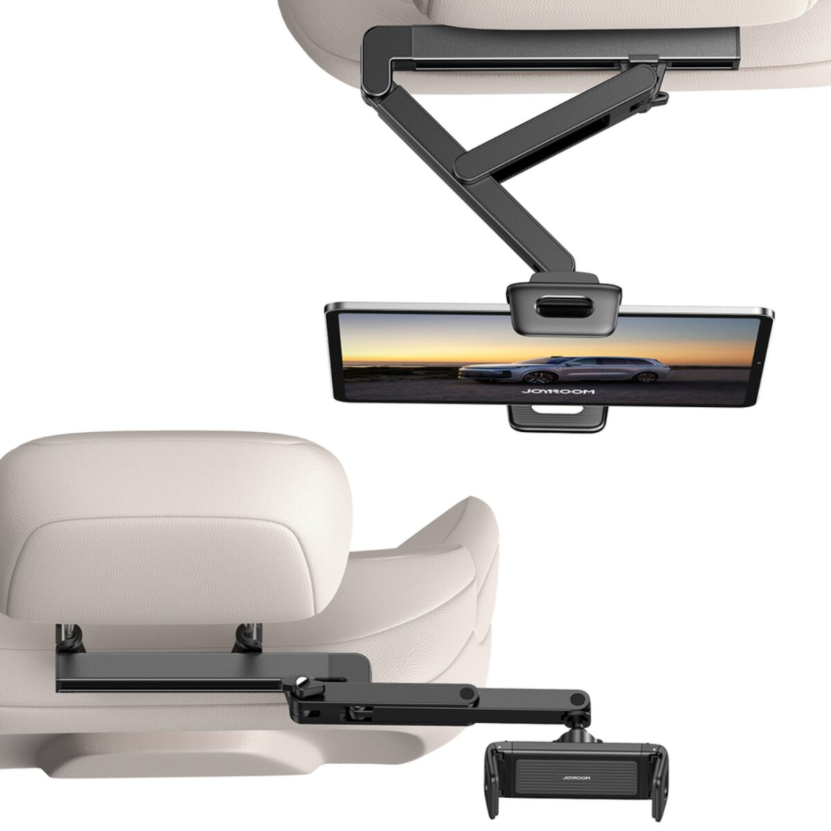 Viene mostrato un supporto per tablet per poggiatesta per auto. Lo schermo mostra un'auto. Il supporto è nero, montato su un sedile auto color crema.