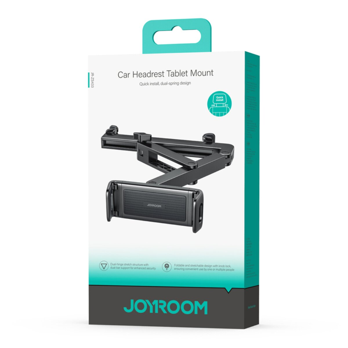 Scatola che mostra un supporto per tablet per poggiatesta auto. Supporto nero su scatola bianca con accenti turchese. Scritta 'JOYROOM'.