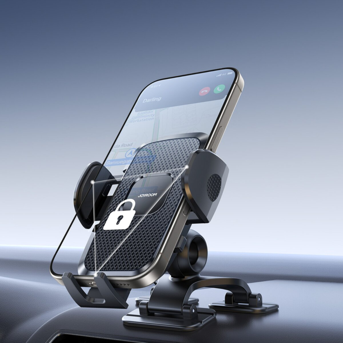 Ein Telefon in einer Autohalterung zeigt eine Navigations-App. Die Halterung ist schwarz, mit silbernem Telefonrahmen, auf einem dunklen Armaturenbrett.