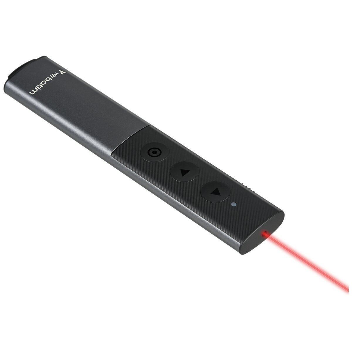 Un telecomando di presentazione Verbatim grigio che emette un puntatore laser rosso. Ha pulsanti e un design elegante.