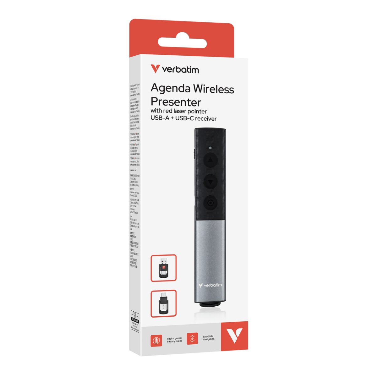 Una scatola Verbatim Agenda Wireless Presenter. È dotata di puntatore laser rosso e ricevitore USB-A e USB-C. Il presentatore è nero e argento.