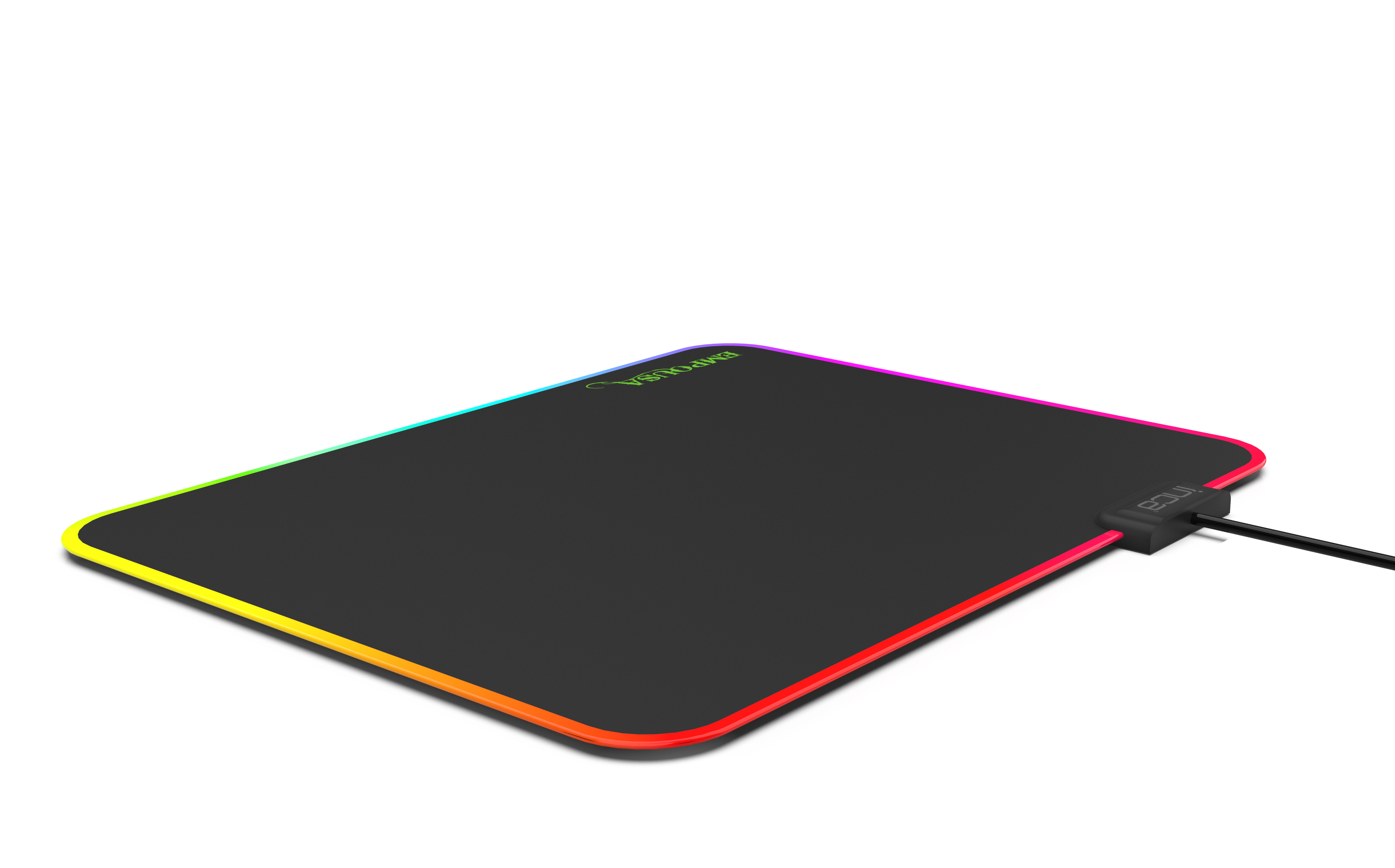 Czarna podkładka pod mysz dla graczy z kolorową obwódką LED. Ma czarny kabel.