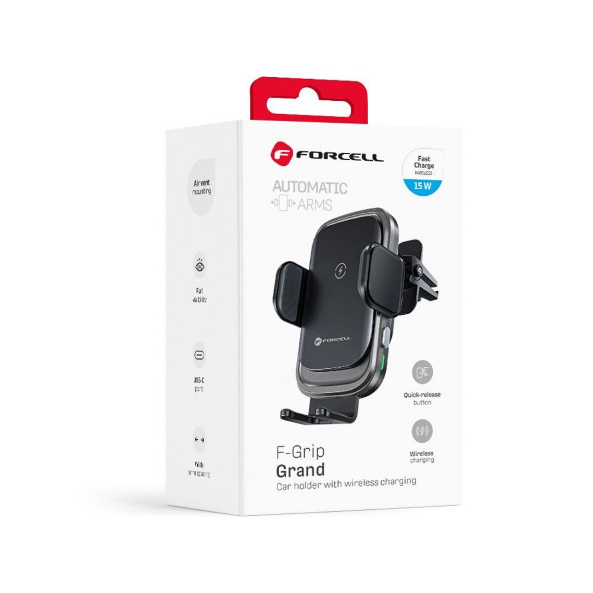 Eine weiße Box mit einer Autotelefonhalterung. Sie trägt den Markennamen FORCELL und das Modell F-Grip Grand. Sie bietet kabelloses Laden.