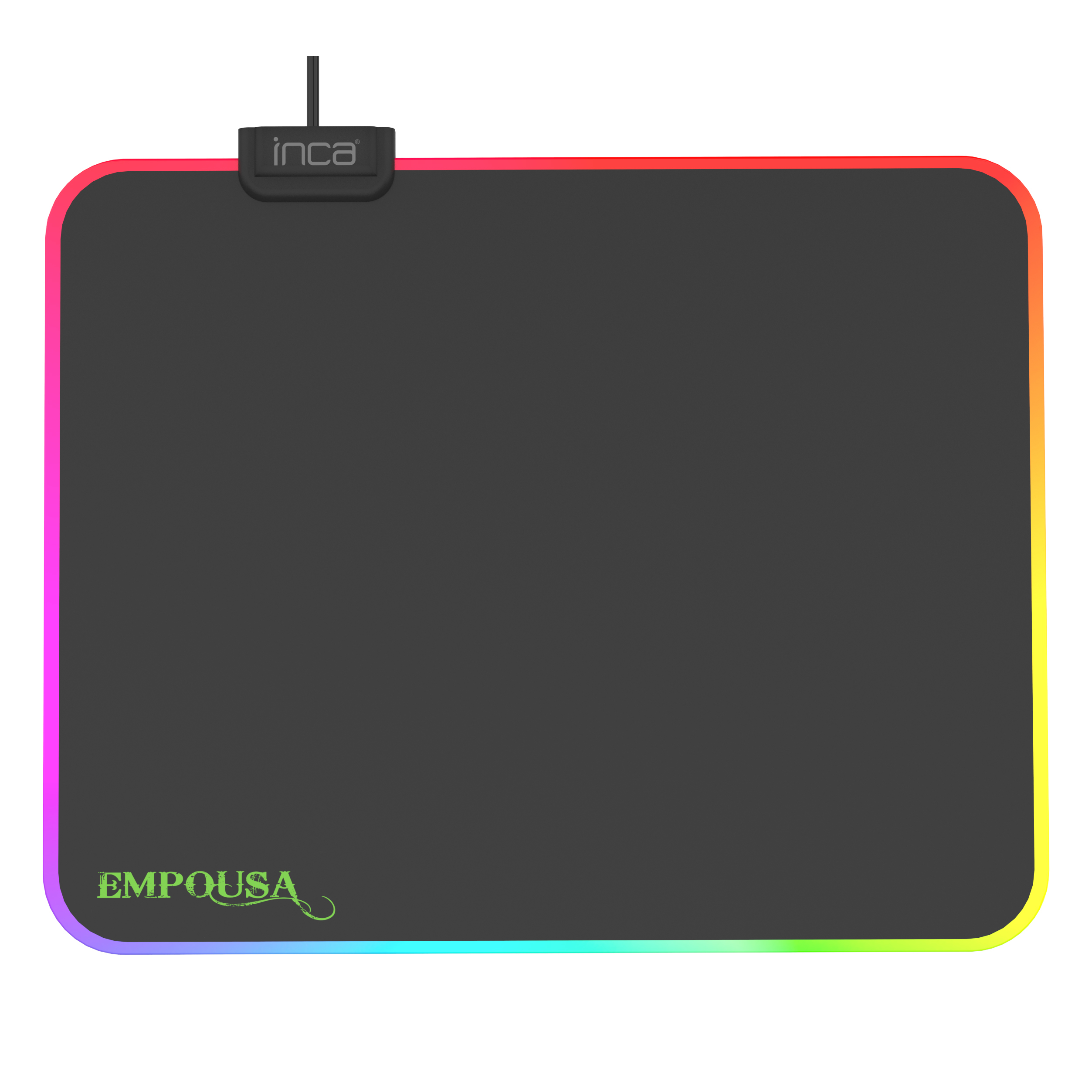 Prostokątna, czarna podkładka pod mysz z kolorową, świecącą obwódką. Logo Inca u góry, Empousa na dole.