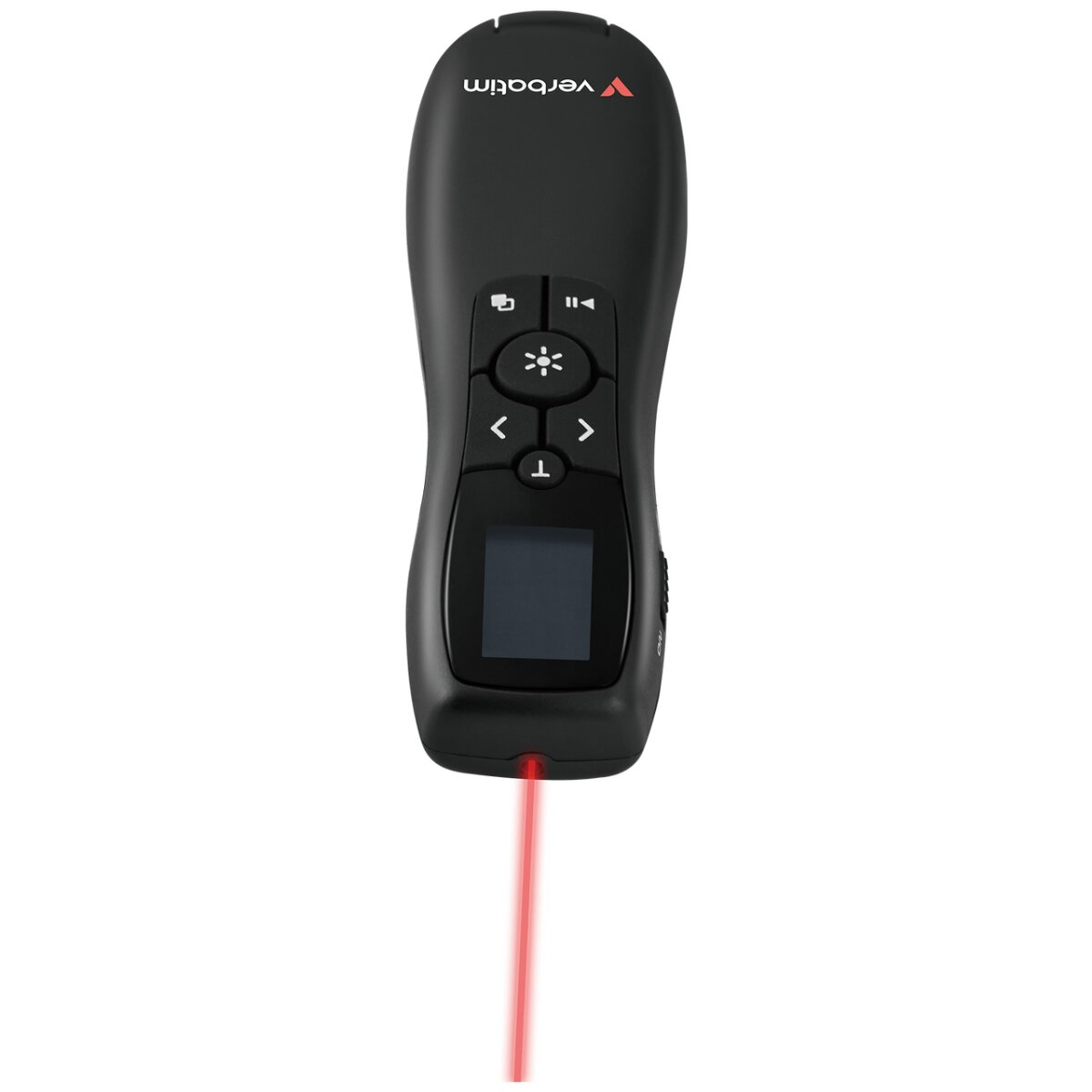 Telecomando per presentazioni Verbatim nero con puntatore laser rosso. Pulsanti: accensione, riproduzione, navigazione e piccolo schermo.