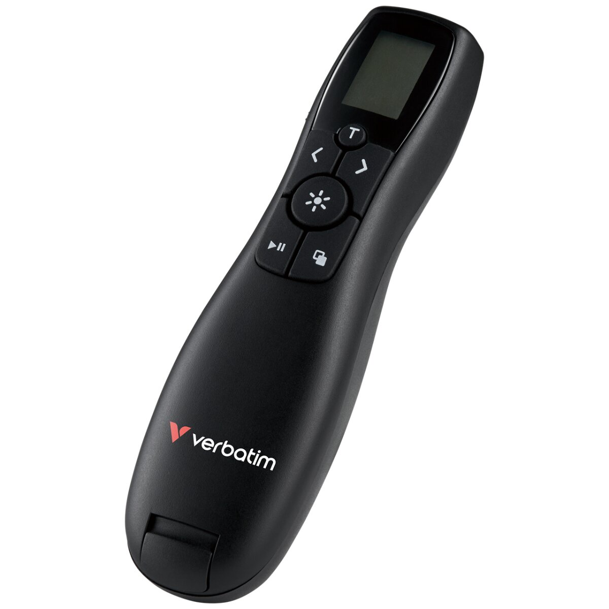 Un telecomando per presentazioni Verbatim nero. Ha pulsanti e un piccolo schermo. Il logo Verbatim è visibile.