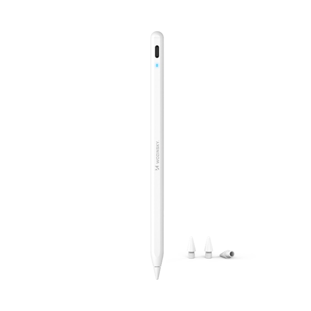 Ein weißer Stift mit drei Ersatzspitzen ist vor weißem Hintergrund isoliert. Der Stift hat ein blaues Licht und den Markennamen.