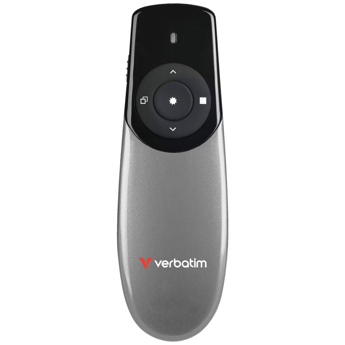 Un telecomando di presentazione Verbatim grigio e nero. Ha un touchpad centrale e un pulsante di accensione. Il logo Verbatim è visibile.