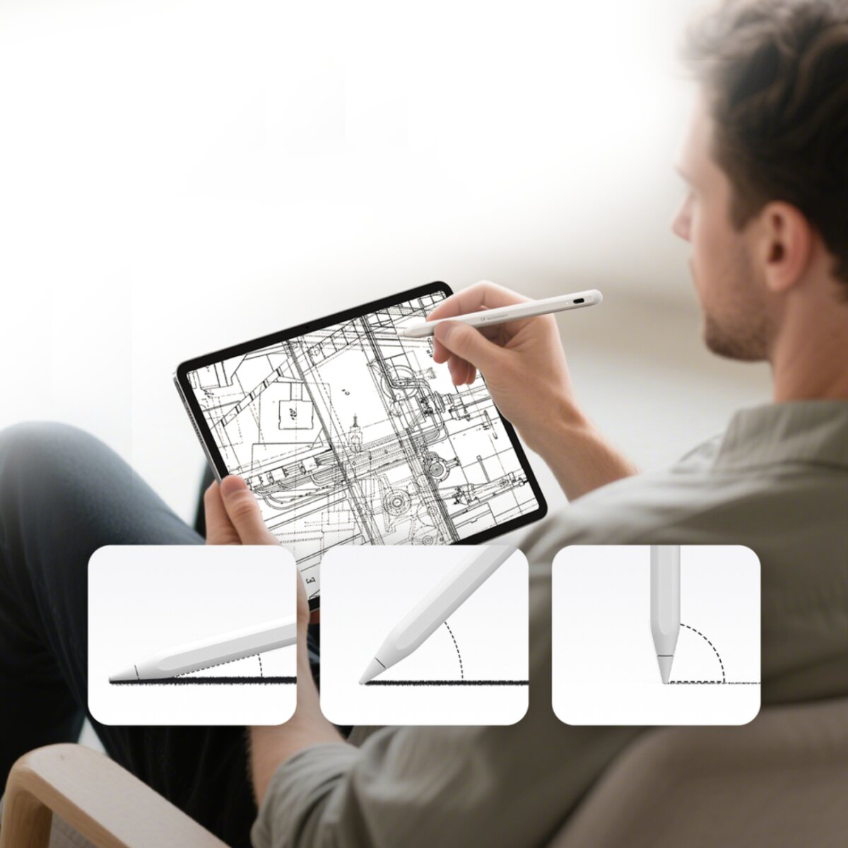 Ein Mann benutzt einen Stift auf einem Tablet mit Bauplänen. Nahaufnahmen zeigen Spitzenwinkel. Heller Hintergrund.