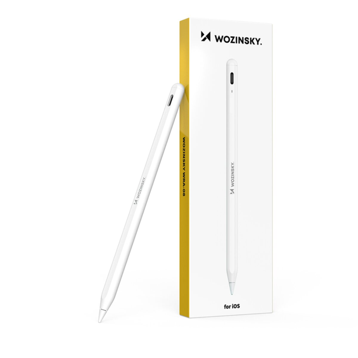 Ein weißer Wozinsky-Stift und seine Verpackung. Die Schachtel ist weiß und gelb. Der Stift ist vor der Schachtel platziert.