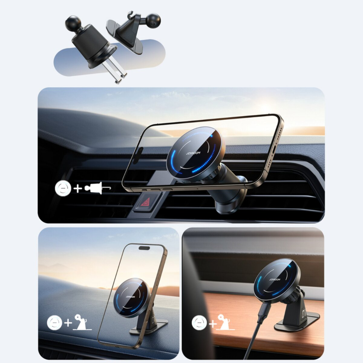 Kfz-Telefonhalterung mit Telefon. Schwarze und silberne Halterung, die das Telefon im Auto hält. Andere Halterungen oben gezeigt. Telefon wird geladen.
