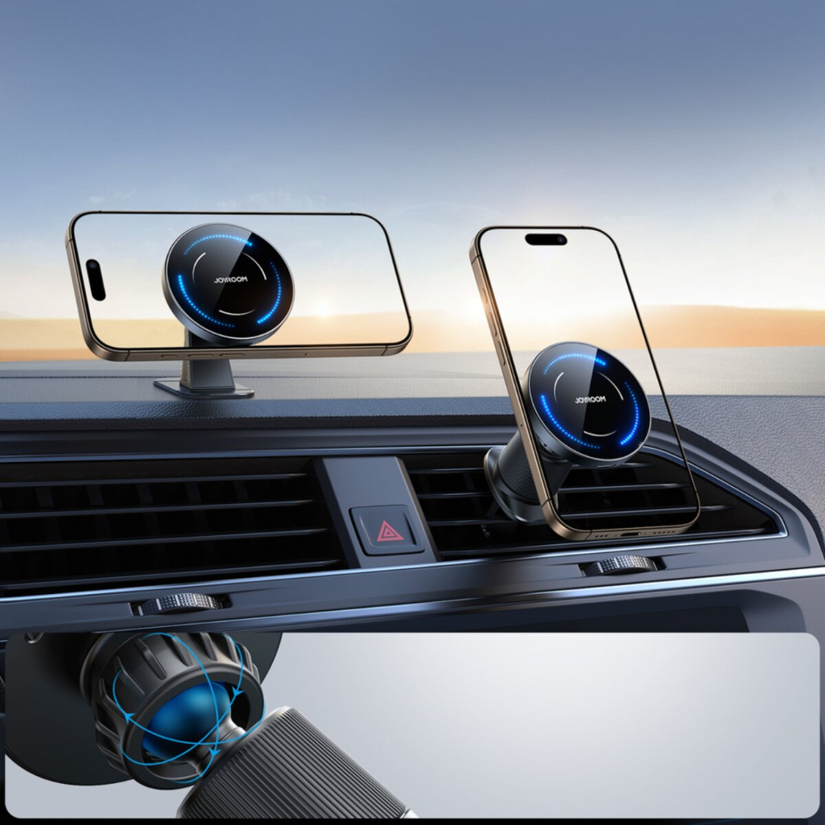 Zwei Telefone im Auto montiert. Jedes Telefon zeigt ein kreisförmiges Logo. Armaturenbrett und Lüftungsschlitze sind sichtbar.